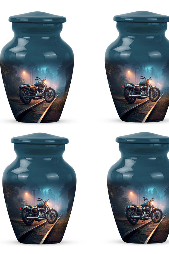 Indigo Bike Cremation Urn side profile showing urn shape - timeless bike motif etched into premium metal - 10 inch aluminum urn for cremated remains