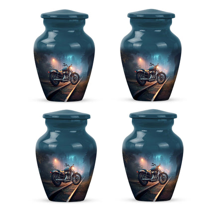 Indigo Bike Cremation Urn side profile showing urn shape - timeless bike motif etched into premium metal - 10 inch aluminum urn for cremated remains