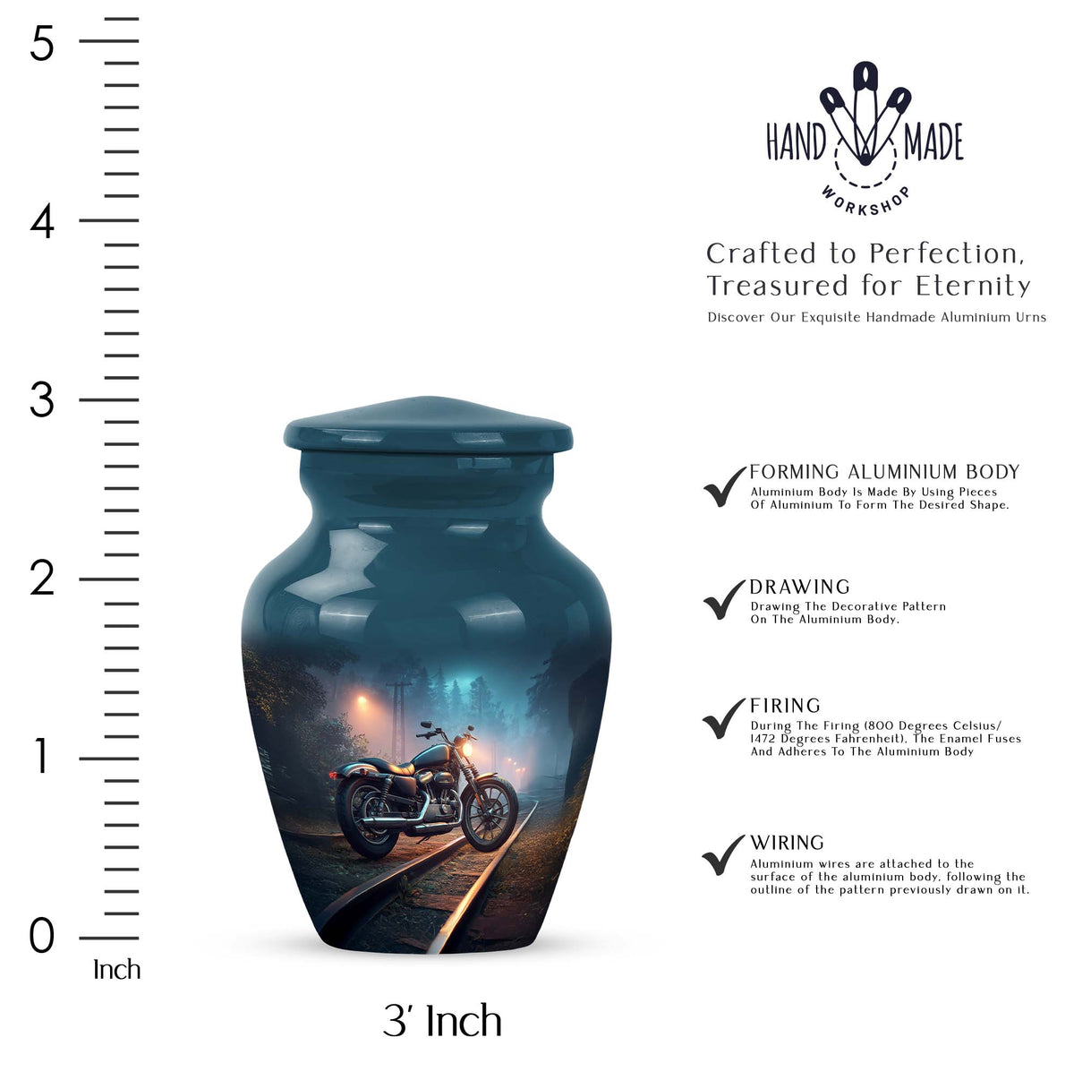 Cobalt Blue Bike Cremation Urn close-up of engraving and surface detail - traditional bike engraving with hand-polished finish - mini keepsake memorial for portion of cremation ashes
