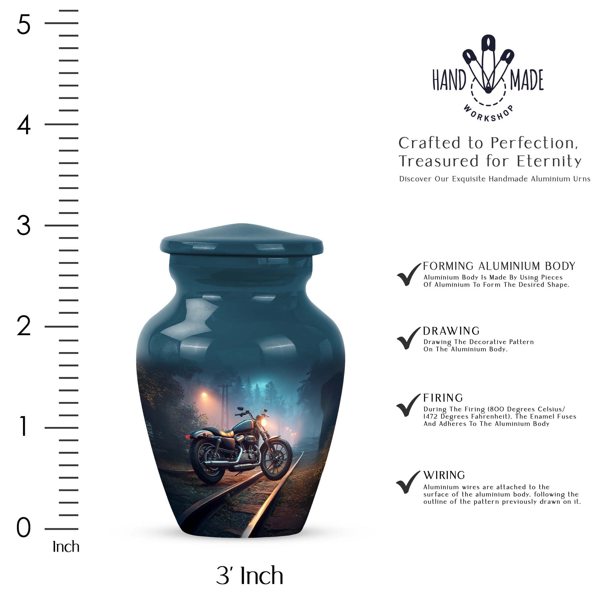 Cobalt Blue Bike Cremation Urn close-up of engraving and surface detail - traditional bike engraving with hand-polished finish - mini keepsake memorial for portion of cremation ashes