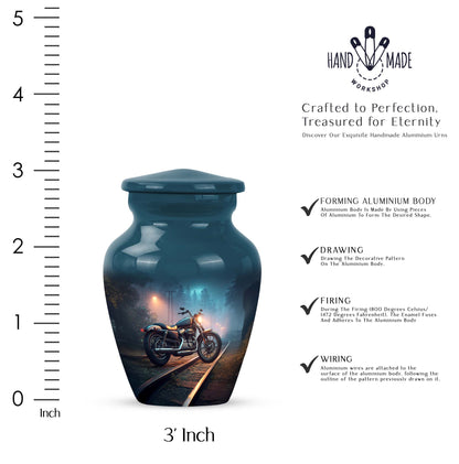 Cobalt Blue Bike Cremation Urn close-up of engraving and surface detail - traditional bike engraving with hand-polished finish - mini keepsake memorial for portion of cremation ashes