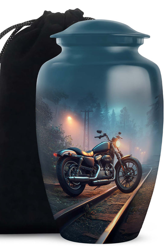 Slate Blue Bike Cremation Urn angled view of lid and engraved motif - timeless bike motif etched into premium metal - full-size 10 inch 200 cubic inch adult cremation urn