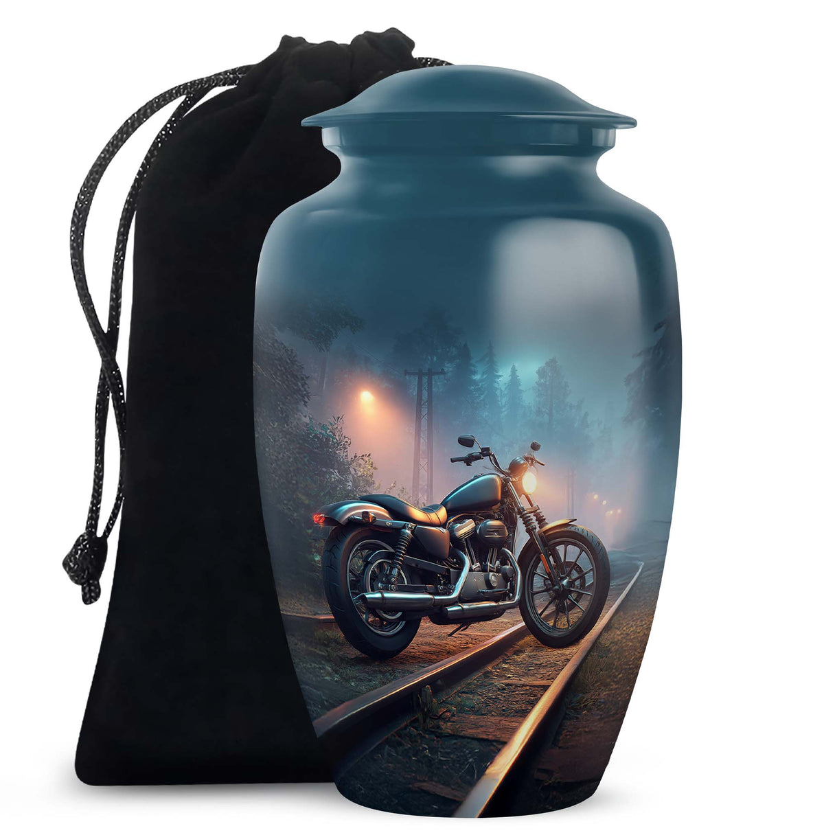 Slate Blue Bike Cremation Urn angled view of lid and engraved motif - timeless bike motif etched into premium metal - full-size 10 inch 200 cubic inch adult cremation urn