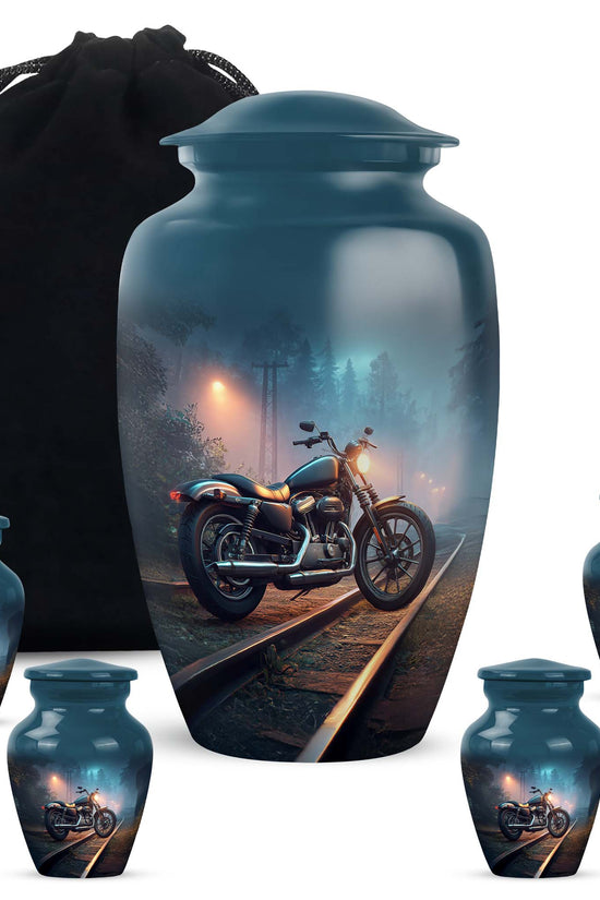 Navy Blue Bike Cremation Urn top-down view of secure threaded lid - classic sculpted bike pattern on smooth aluminum - memorial set with one large and four small urns