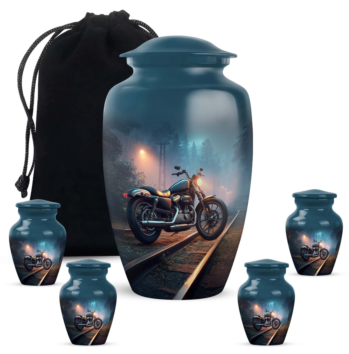Navy Blue Bike Cremation Urn top-down view of secure threaded lid - classic sculpted bike pattern on smooth aluminum - memorial set with one large and four small urns