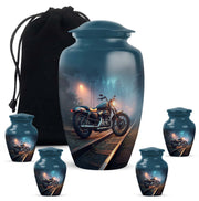 Navy Blue Bike Cremation Urn top-down view of secure threaded lid - classic sculpted bike pattern on smooth aluminum - memorial set with one large and four small urns