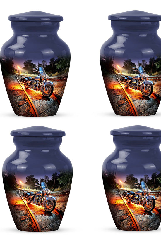 Steel Blue Bike Cremation Urn side profile showing urn shape - traditional bike engraving with hand-polished finish - 10 inch aluminum urn for cremated remains