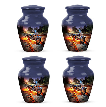 Steel Blue Bike Cremation Urn side profile showing urn shape - traditional bike engraving with hand-polished finish - 10 inch aluminum urn for cremated remains