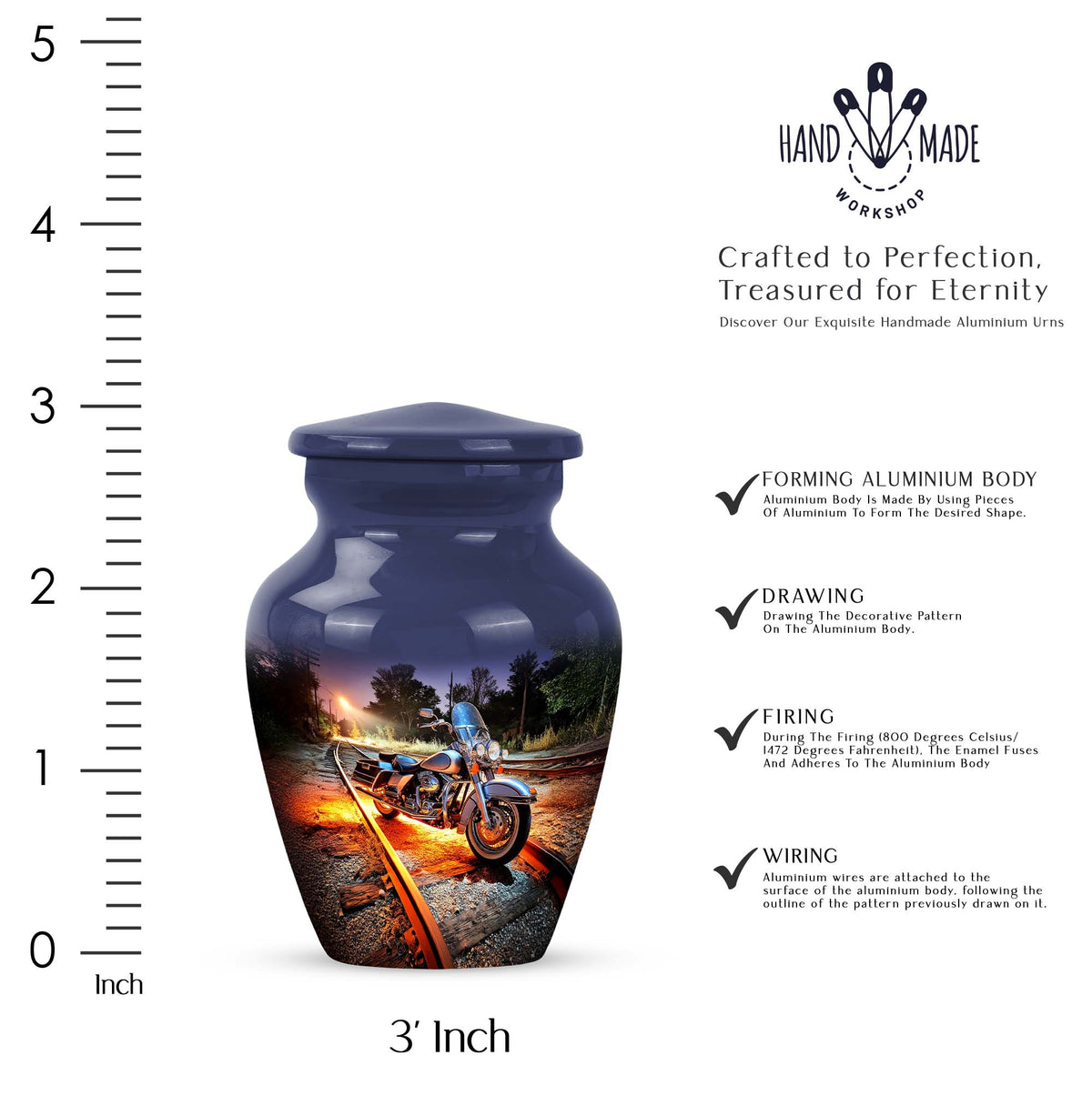 Slate Blue Bike Cremation Urn close-up of engraving and surface detail - timeless bike motif etched into premium metal - mini keepsake memorial for portion of cremation ashes