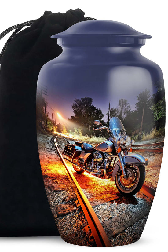 Icy Blue Bike Cremation Urn angled view of lid and engraved motif - timeless bike motif etched into premium metal - full-size 10 inch 200 cubic inch adult cremation urn