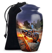 Icy Blue Bike Cremation Urn angled view of lid and engraved motif - timeless bike motif etched into premium metal - full-size 10 inch 200 cubic inch adult cremation urn