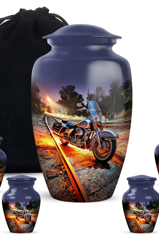 Cornflower Blue Bike Cremation Urn top-down view of secure threaded lid - traditional bike engraving with hand-polished finish - memorial set with one large and four small urns
