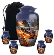 Cornflower Blue Bike Cremation Urn top-down view of secure threaded lid - traditional bike engraving with hand-polished finish - memorial set with one large and four small urns
