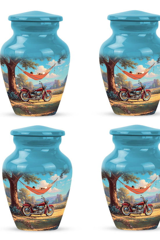 Tropical Teal Bike Cremation Urn side profile showing urn shape - elegant classic bike relief with fine detailing - 10 inch aluminum urn for cremated remains