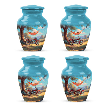 Tropical Teal Bike Cremation Urn side profile showing urn shape - elegant classic bike relief with fine detailing - 10 inch aluminum urn for cremated remains