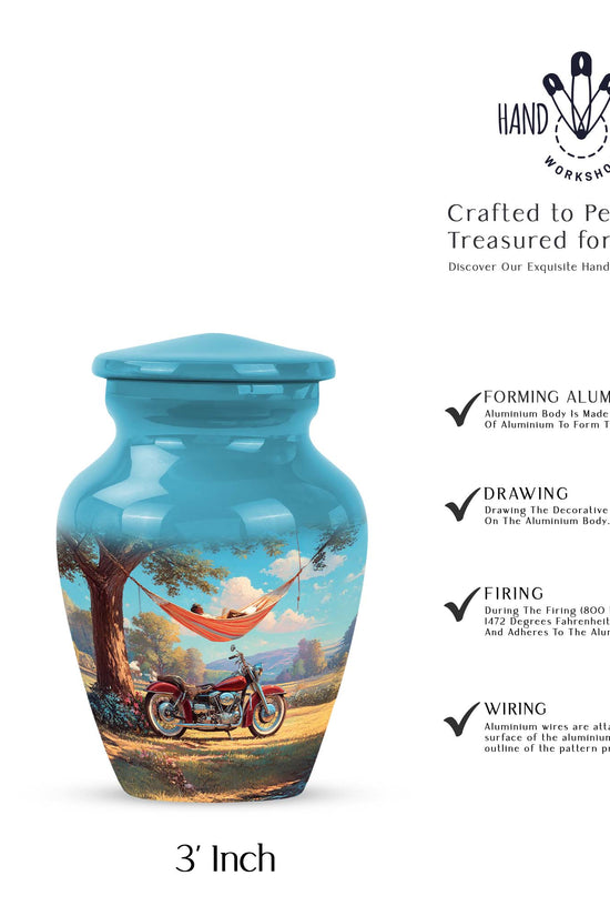 Mystic Teal Bike Cremation Urn close-up of engraving and surface detail - traditional bike engraving with hand-polished finish - mini keepsake memorial for portion of cremation ashes