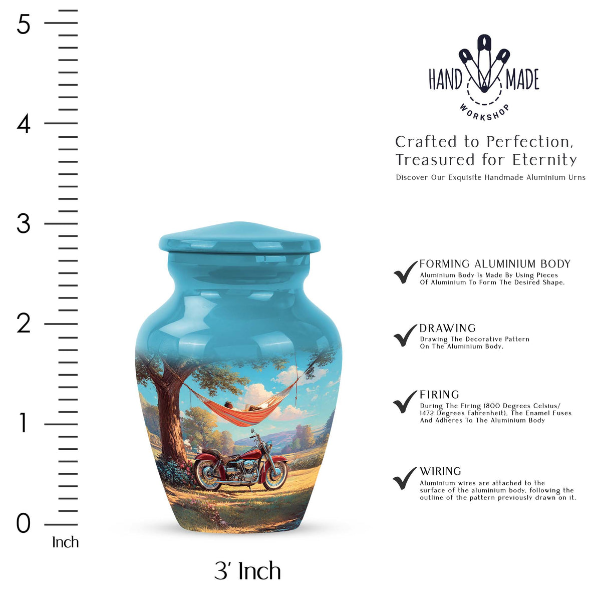 Mystic Teal Bike Cremation Urn close-up of engraving and surface detail - traditional bike engraving with hand-polished finish - mini keepsake memorial for portion of cremation ashes