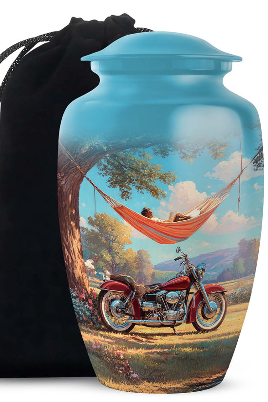 Jewel Teal Bike Cremation Urn angled view of lid and engraved motif - timeless bike motif etched into premium metal - full-size 10 inch 200 cubic inch adult cremation urn