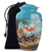 Jewel Teal Bike Cremation Urn angled view of lid and engraved motif - timeless bike motif etched into premium metal - full-size 10 inch 200 cubic inch adult cremation urn