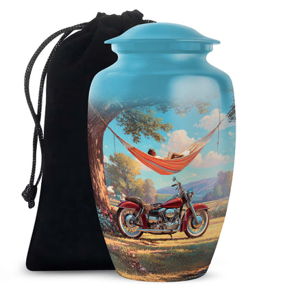 Jewel Teal Bike Cremation Urn angled view of lid and engraved motif - timeless bike motif etched into premium metal - full-size 10 inch 200 cubic inch adult cremation urn