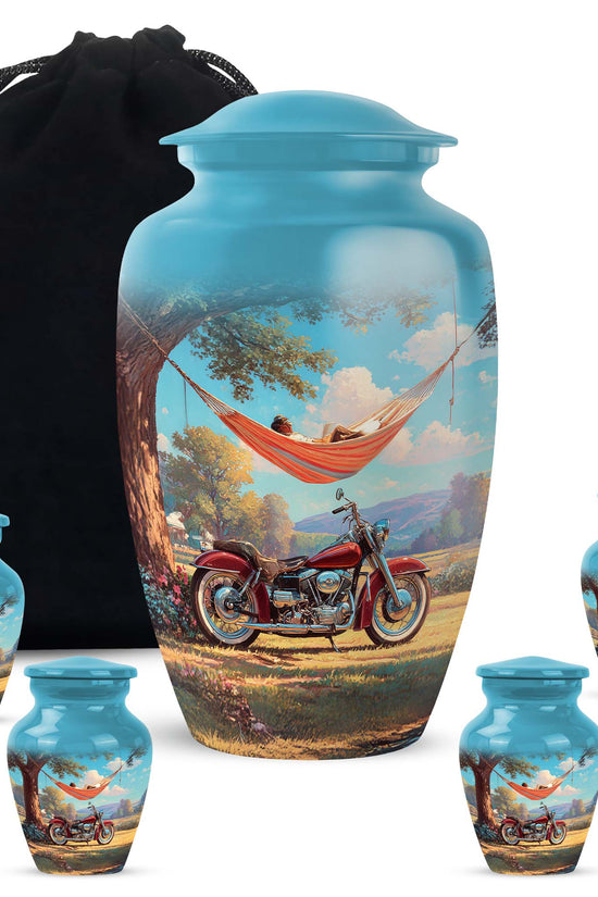 Mystic Teal Bike Cremation Urn top-down view of secure threaded lid - elegant classic bike relief with fine detailing - memorial set with one large and four small urns