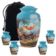 Mystic Teal Bike Cremation Urn top-down view of secure threaded lid - elegant classic bike relief with fine detailing - memorial set with one large and four small urns