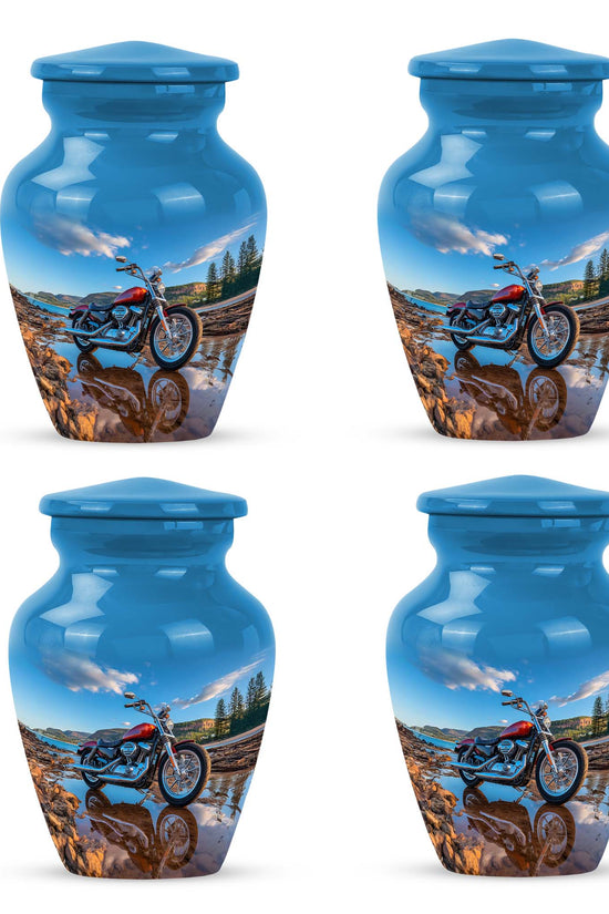 Twilight Blue Bike Cremation Urn side profile showing urn shape - traditional bike engraving with hand-polished finish - 10 inch aluminum urn for cremated remains
