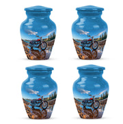 Twilight Blue Bike Cremation Urn side profile showing urn shape - traditional bike engraving with hand-polished finish - 10 inch aluminum urn for cremated remains