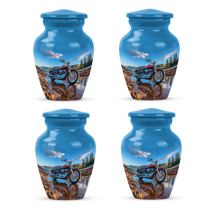 Twilight Blue Bike Cremation Urn side profile showing urn shape - traditional bike engraving with hand-polished finish - 10 inch aluminum urn for cremated remains