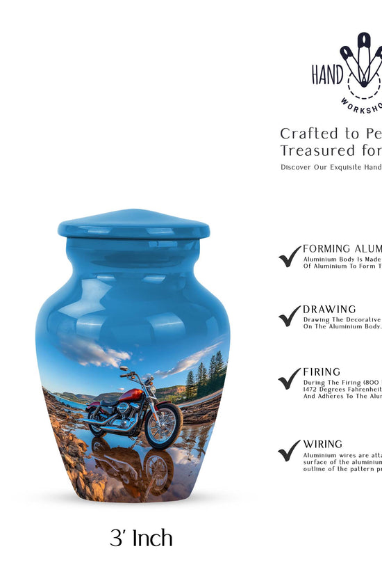 Soft Blue Bike Cremation Urn close-up of engraving and surface detail - traditional bike engraving with hand-polished finish - mini keepsake memorial for portion of cremation ashes