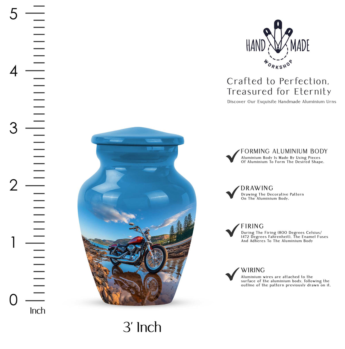 Soft Blue Bike Cremation Urn close-up of engraving and surface detail - traditional bike engraving with hand-polished finish - mini keepsake memorial for portion of cremation ashes