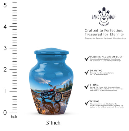 Soft Blue Bike Cremation Urn close-up of engraving and surface detail - traditional bike engraving with hand-polished finish - mini keepsake memorial for portion of cremation ashes