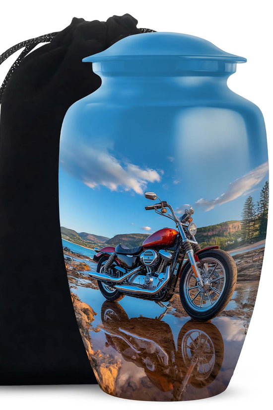 Pastel Blue Bike Cremation Urn angled view of lid and engraved motif - classic sculpted bike pattern on smooth aluminum - full-size 10 inch 200 cubic inch adult cremation urn