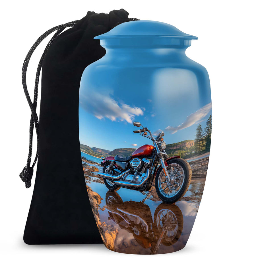 Pastel Blue Bike Cremation Urn angled view of lid and engraved motif - classic sculpted bike pattern on smooth aluminum - full-size 10 inch 200 cubic inch adult cremation urn