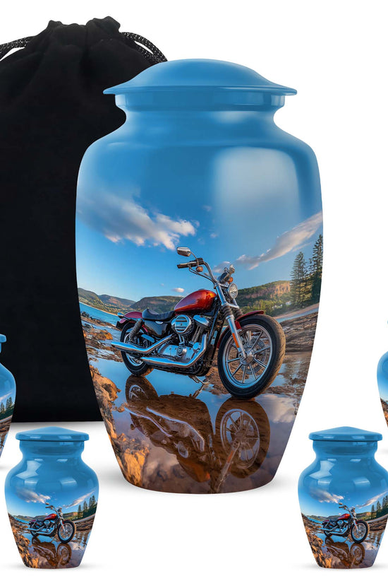 Slate Blue Bike Cremation Urn top-down view of secure threaded lid - timeless bike motif etched into premium metal - memorial set with one large and four small urns