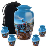 Slate Blue Bike Cremation Urn top-down view of secure threaded lid - timeless bike motif etched into premium metal - memorial set with one large and four small urns