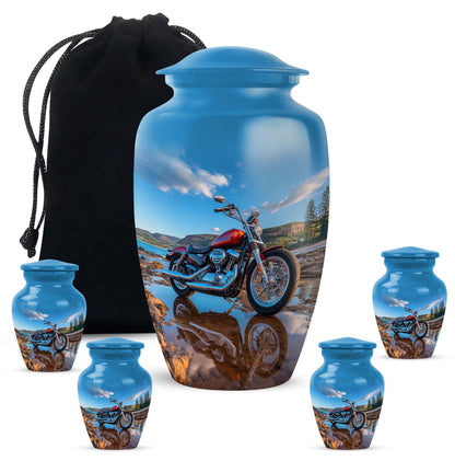 Slate Blue Bike Cremation Urn top-down view of secure threaded lid - timeless bike motif etched into premium metal - memorial set with one large and four small urns