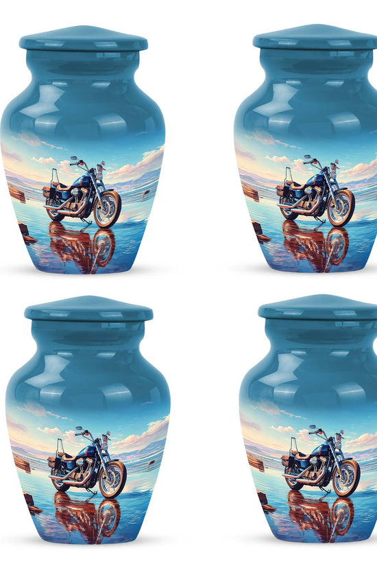 Twilight Blue Bike Cremation Urn side profile showing urn shape - traditional bike engraving with hand-polished finish - 10 inch aluminum urn for cremated remains