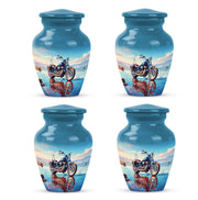 Twilight Blue Bike Cremation Urn side profile showing urn shape - traditional bike engraving with hand-polished finish - 10 inch aluminum urn for cremated remains