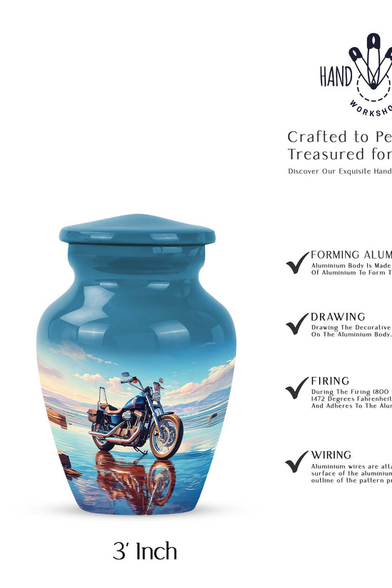 Royal Blue Bike Cremation Urn close-up of engraving and surface detail - elegant classic bike relief with fine detailing - mini keepsake memorial for portion of cremation ashes
