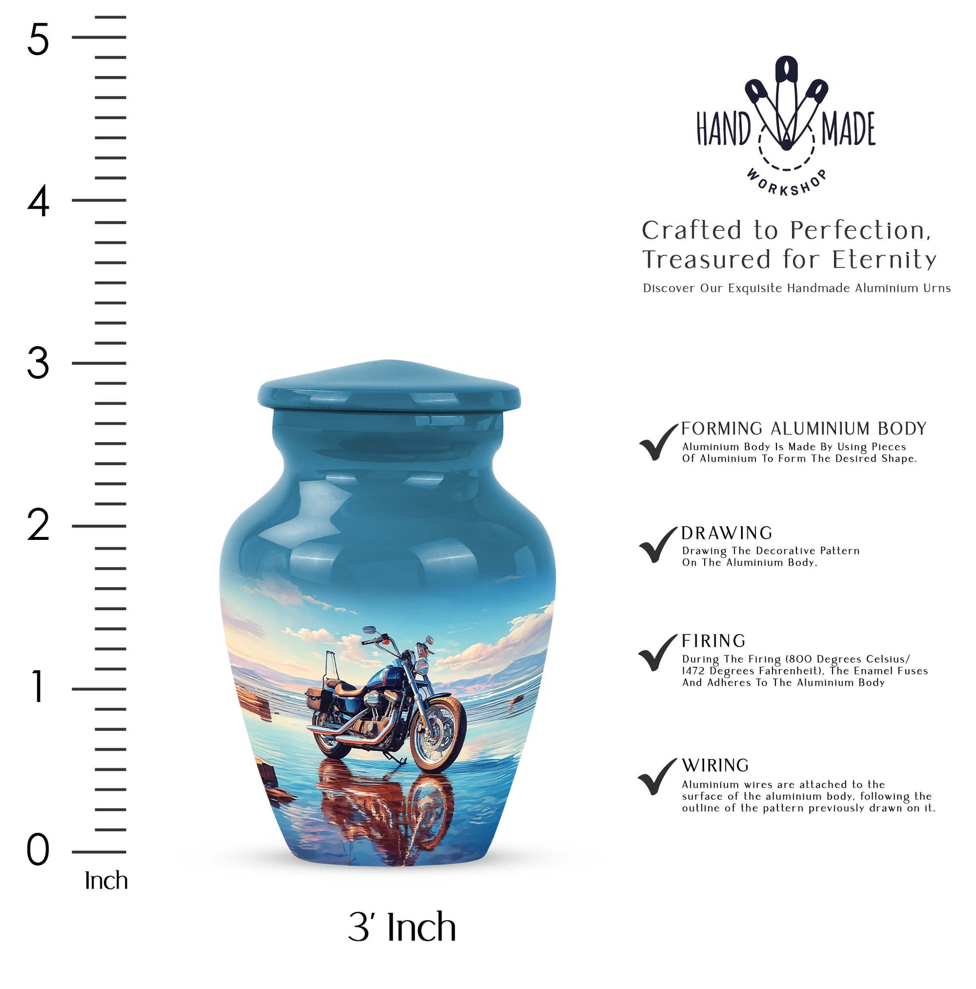 Royal Blue Bike Cremation Urn close-up of engraving and surface detail - elegant classic bike relief with fine detailing - mini keepsake memorial for portion of cremation ashes