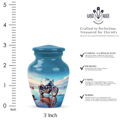 Royal Blue Bike Cremation Urn close-up of engraving and surface detail - elegant classic bike relief with fine detailing - mini keepsake memorial for portion of cremation ashes