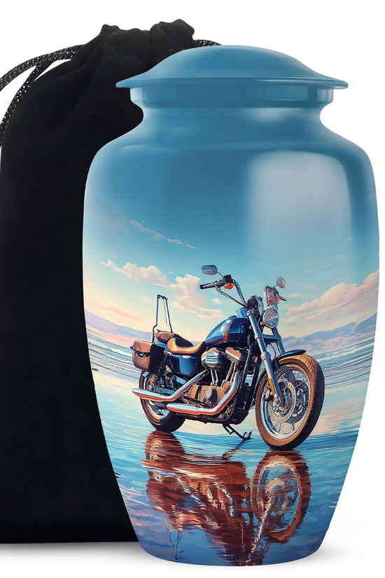 Celestial Blue Bike Cremation Urn angled view of lid and engraved motif - timeless bike motif etched into premium metal - full-size 10 inch 200 cubic inch adult cremation urn