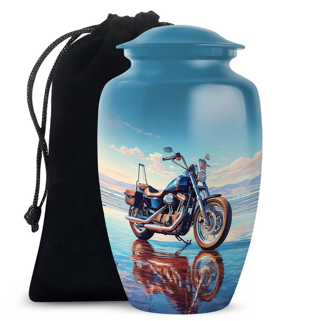 Celestial Blue Bike Cremation Urn angled view of lid and engraved motif - timeless bike motif etched into premium metal - full-size 10 inch 200 cubic inch adult cremation urn
