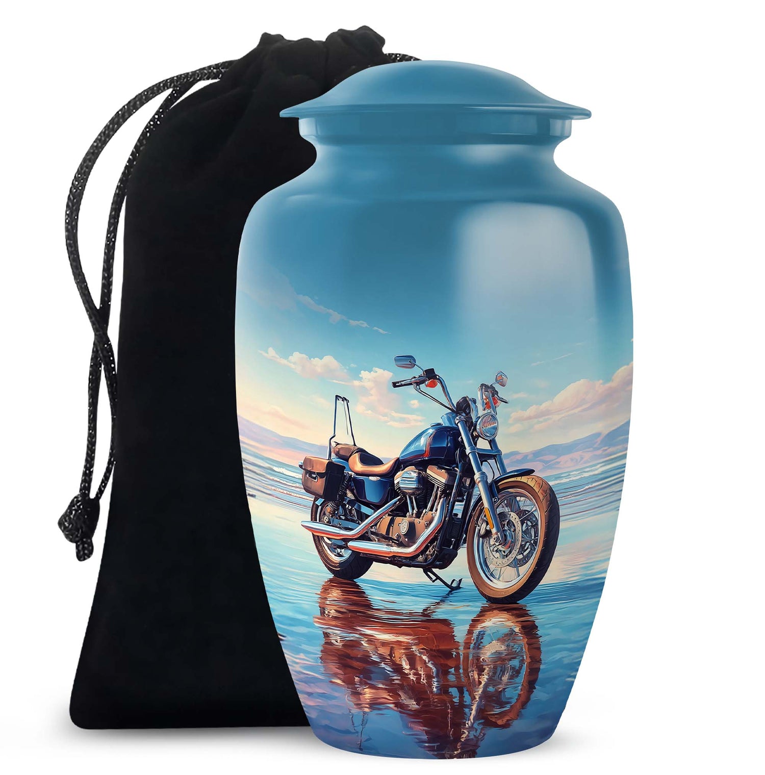Celestial Blue Bike Cremation Urn angled view of lid and engraved motif - timeless bike motif etched into premium metal - full-size 10 inch 200 cubic inch adult cremation urn
