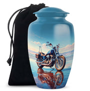 Celestial Blue Bike Cremation Urn angled view of lid and engraved motif - timeless bike motif etched into premium metal - full-size 10 inch 200 cubic inch adult cremation urn