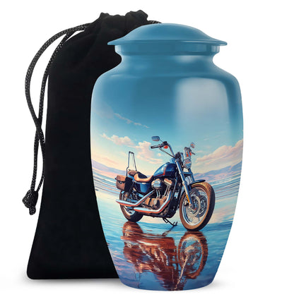 Celestial Blue Bike Cremation Urn angled view of lid and engraved motif - timeless bike motif etched into premium metal - full-size 10 inch 200 cubic inch adult cremation urn