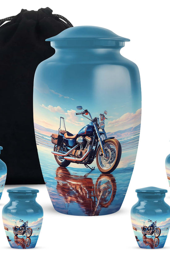 Indigo Bike Cremation Urn top-down view of secure threaded lid - timeless bike motif etched into premium metal - memorial set with one large and four small urns