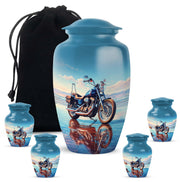 Indigo Bike Cremation Urn top-down view of secure threaded lid - timeless bike motif etched into premium metal - memorial set with one large and four small urns