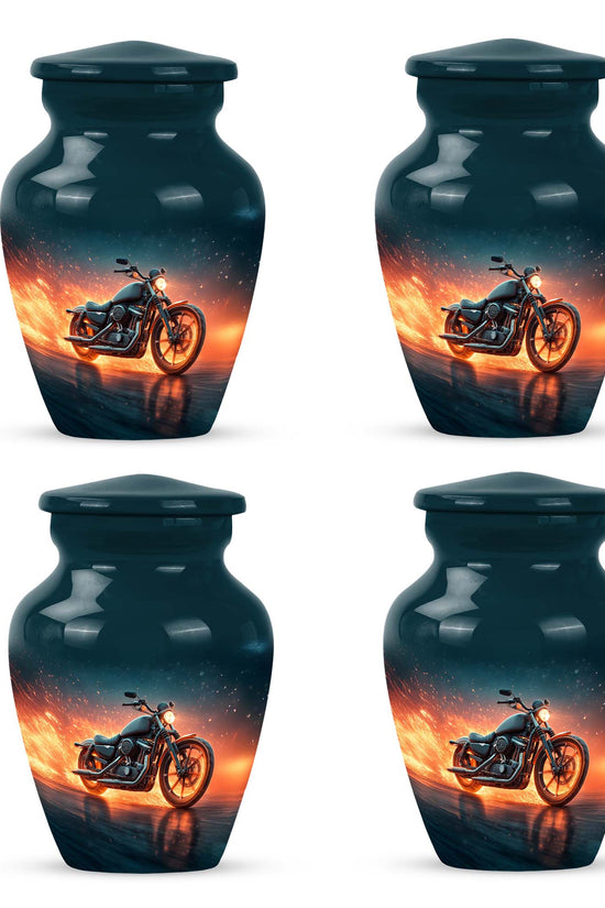 Royal Blue Bike Cremation Urn side profile showing urn shape - traditional bike engraving with hand-polished finish - 10 inch aluminum urn for cremated remains